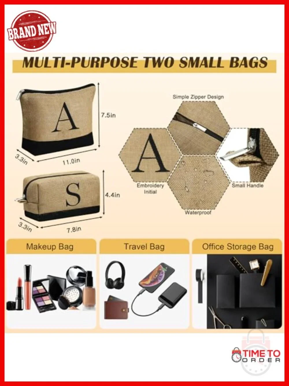 Personalized Initial Jute Tote Bag w/ 2 Makeup Bags Set - Gift for Women